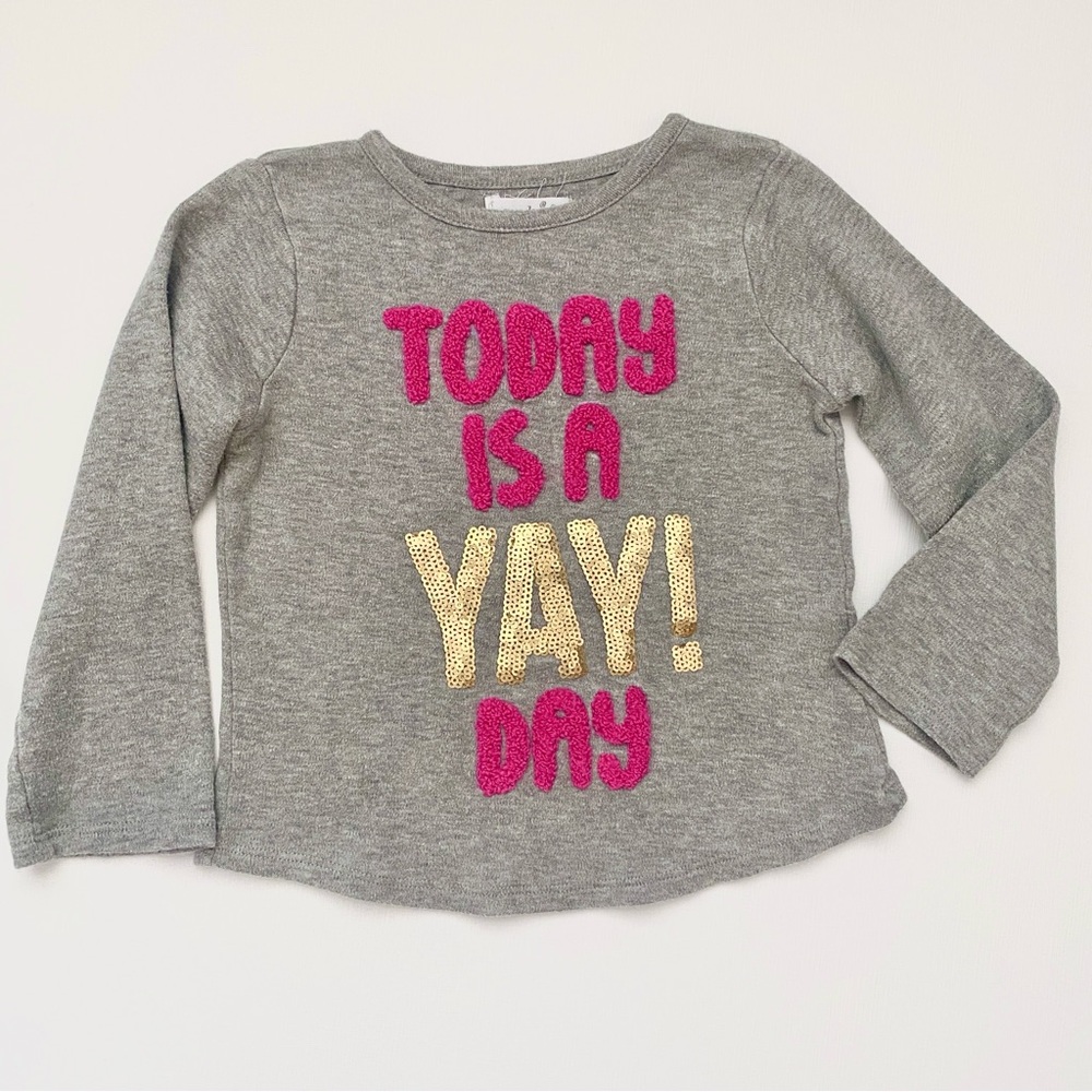 Mud Pie Toddler Girl Gray Long Sleeved “Yay! Day” Sequin Appliqué Top